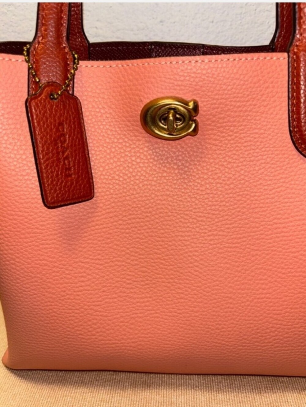 Coach Willow Tote 24 Colorblock Pink & Saddle Pebble Leather Crossbody Satchel - Picture 2 of 10